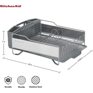 KitchenAid Large Capacity Full Size Rust Resistant Dish Rack with Angled Drain Board and Removable Flatware Caddy, Light Grey