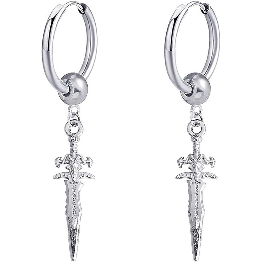 Sword Drop Dangle Small Hoop Earrings for Women Men Stainless Steel Engrave Dagger Halloween Statement Charms Drop Dangling Hoops Cuff Cartilage Wrap Vintage Punk Pray Jewelry