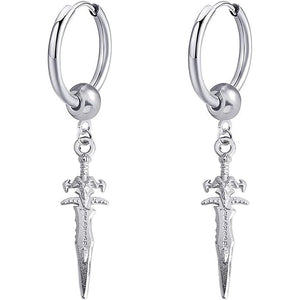 Sword Drop Dangle Small Hoop Earrings for Women Men Stainless Steel Engrave Dagger Halloween Statement Charms Drop Dangling Hoops Cuff Cartilage Wrap Vintage Punk Pray Jewelry