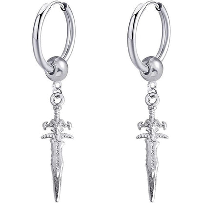 Sword Drop Dangle Small Hoop Earrings for Women Men Stainless Steel Engrave Dagger Halloween Statement Charms Drop Dangling Hoops Cuff Cartilage Wrap Vintage Punk Pray Jewelry