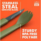 Tapirus Spork Tactical Green | BPA Free Spoon Fork, Stainless Steel Knife and Fire Starter | 3 in 1 multipurpose utensil | Outdoor hiking, camping & backpacking gear | Fit for MRE