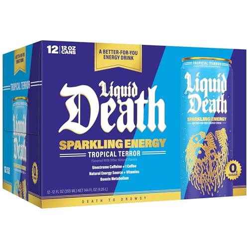 Buy now Liquid Death Sparkling Energy - Tropical Terror (Classic Piña Colada), Zero Sugar Energy Drink, Unextreme Caffeine 100mg, Essential Vitamins, 12 Fl Oz (Pack of 12) at indiglob india