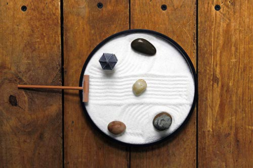 Buy now Nature's Mark Mini Zen Garden Kit for Desk with Rake, White Sand, Black Round Base, Miniature Pagoda Figure, River Rocks and Miniature Buddha Figure (6Lx6W Round B) at indiglob india