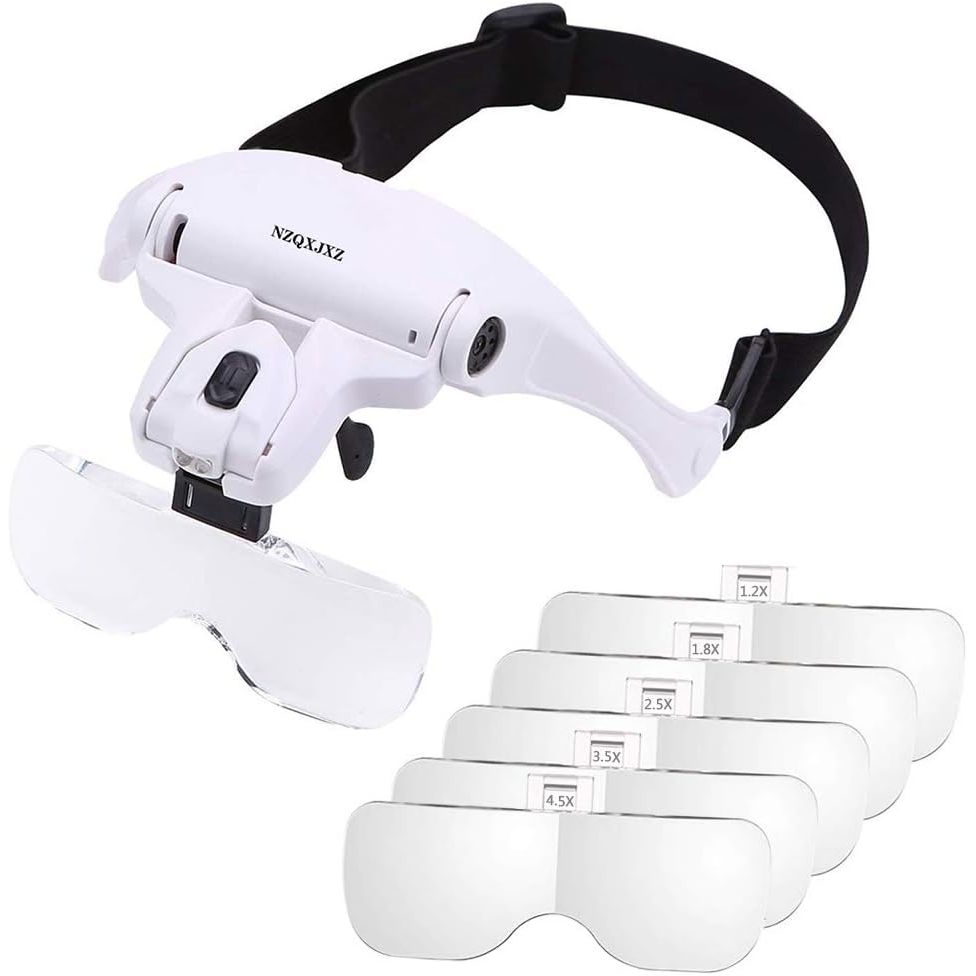 Headband Magnifier Glasses LED Magnifying Loupe Head Mount Magnifier Hands—Free Bracket and Headband are Interchangeable 5 Replaceable Lenses1.0X,1.5X,2.0X,2.5X,3.5X (Upgraded Version)