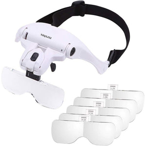 Headband Magnifier Glasses LED Magnifying Loupe Head Mount Magnifier Hands—Free Bracket and Headband are Interchangeable 5 Replaceable Lenses1.0X,1.5X,2.0X,2.5X,3.5X (Upgraded Version)