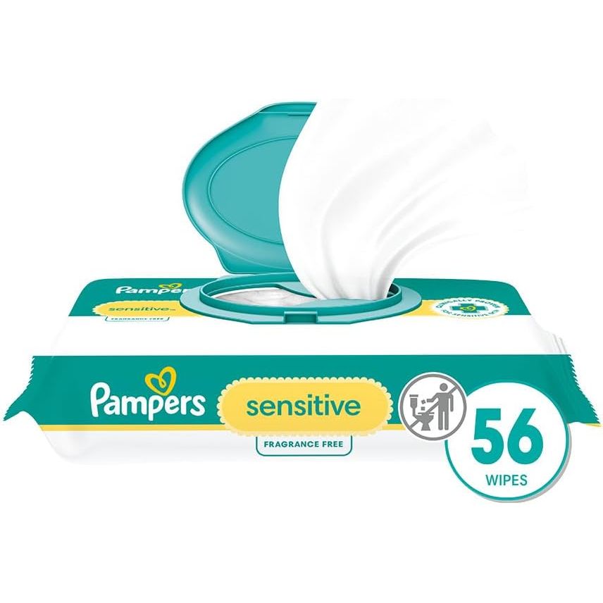Pampers Baby Wipes Sensitive, Water Based Baby Wipes, Hypoallergenic and Unscented Baby Wipes, 56 Wipes Total (1 Flip-Top Packs)