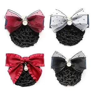 Hair Snood Net for Women, Hair Clip with Net Cover for Bun - Lady Barrette with Hairnet Hairbun for Ballet Dance TH-FJ-H2 (Set of 4 - Pink, Purple, Red, Navy Blue)
