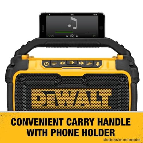 Buy now DEWALT 20V MAX Bluetooth Speaker, 100 ft Range, Durable for Jobsites, Phone Holder Included, Lasts 8-10 Hours with Single Charge (DCR010) at indiglob india