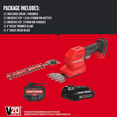 Buy now CRAFTSMAN V20 4 In. Cordless Handheld Grass Trimmer and 8 In. Mini Hedge Trimmer, Battery and Charger Included, Rechargeable 2 in 1 Grass Shear and Bush Trimmer (CMCSS800C1) at indiglob india
