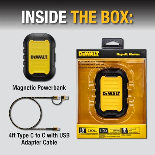 Buy now DEWALT Heavy Duty Magnetic Power Bank 5,000mAh, Rugged Wireless Portable Charger 18W Fast Charging Battery Pack, USB-C to C w/USB Adapter Cable 4' Water Resistant Works w/Magsafe iPhone 17/16/15/14 at indiglob india
