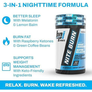 BPI Sports Nite Burn Fat Burner for Women & Men - Bed Time Fat Burner & Sleep Support – Nighttime Relaxation & Metabolism Booster – Keto Friendly, Weight Loss – 30 Servings – 640mg, Capsules