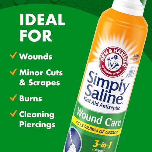Buy now ARM & HAMMER Simply Saline Wound Care 3-in-1, Antiseptic First Aid Spray with Aloe to Help Prevent Infection, Sting-Free Saline for Wound Irrigation and Cleaning, Soothe Wounds with Aloe, 7.4 oz, 2pk at indiglob india
