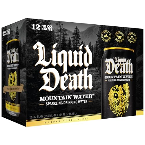 Buy now Liquid Death Sparkling Mountain Water, Real Mountain Source, Ice-Cold Cans, Infinitely Recyclable, 12 Fl Oz (Pack of 12) at indiglob india