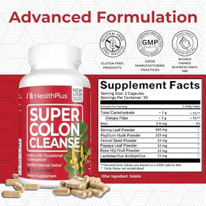 Health Plus Super Colon Cleanse 15 Day Supply of Gentle Gut Cleanse Detox, Psyllium Husk, Probiotics for Constipation Relief & Digestive Support, 60 Capsules