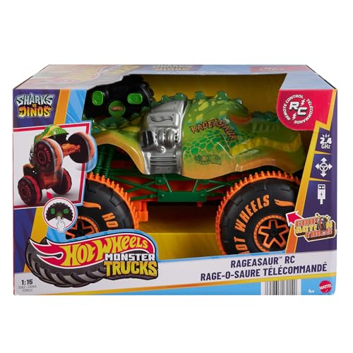 Buy now Hot Wheels Monster Trucks Remote-Control Toy Vehicle, 1:15 Scale Rageasaur RC with Grip Action Tires for Off-Roading & Wheelie Stunting at indiglob india