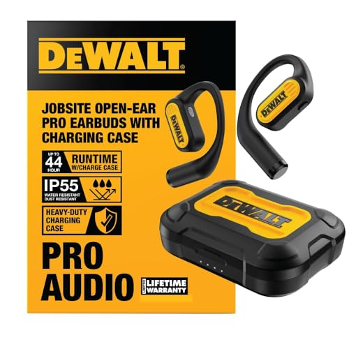Buy now DEWALT Heavy Duty Open Ear Headphones, Bluetooth 5.3 Wireless Earbuds IP55, 44Hrs Runtime, Jobsite Premium Sound True Wireless Air Conduction Open Ear Earbuds with Earhooks for Worksites and Workouts at indiglob india
