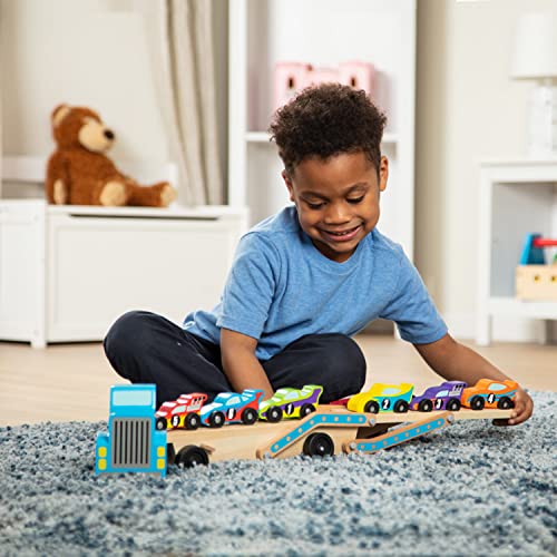 Buy now Melissa & Doug Mega Race-Car Carrier - Wooden Tractor and Trailer with 6 Unique Race Cars at indiglob india