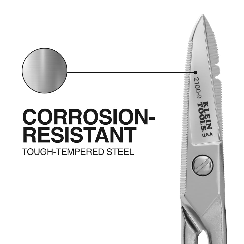 Buy now Klein Tools 2100-9 Stainless Steel Electrician Scissors, Made in USA, 5.25-Inch Free-Fall Handle Snips, Stripping Notches, Non-Slip Serrated Blade at indiglob india