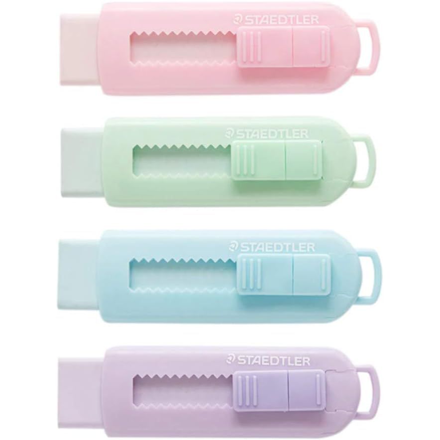 Staedtler Sliding Retractable Pencil Eraser with Plastic Sleeve, Assorted Soft Pastel Color 4 Pack