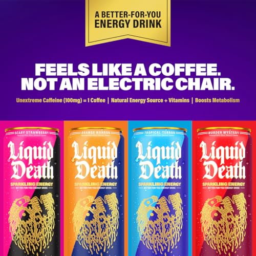 Buy now Liquid Death Sparkling Energy - Tropical Terror (Classic Piña Colada), Zero Sugar Energy Drink, Unextreme Caffeine 100mg, Essential Vitamins, 12 Fl Oz (Pack of 12) at indiglob india