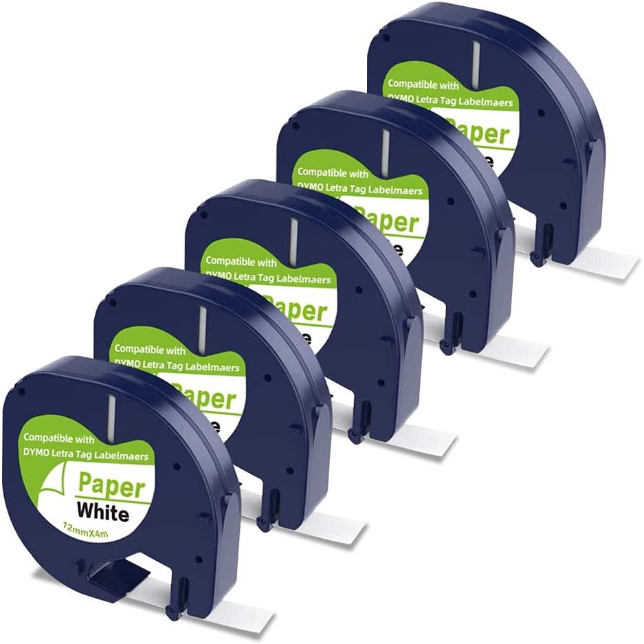 Compatible Label Tape Replacement for DYMO Letratag Refills 91330 10697 Self-Adhesive Paper LT Tape for DYMO LetraTag Plus LT-100T LT-100H QX50 Label Maker, Black on White, 5-Pack