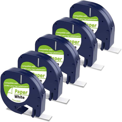 Compatible Label Tape Replacement for DYMO Letratag Refills 91330 10697 Self-Adhesive Paper LT Tape for DYMO LetraTag Plus LT-100T LT-100H QX50 Label Maker, Black on White, 5-Pack