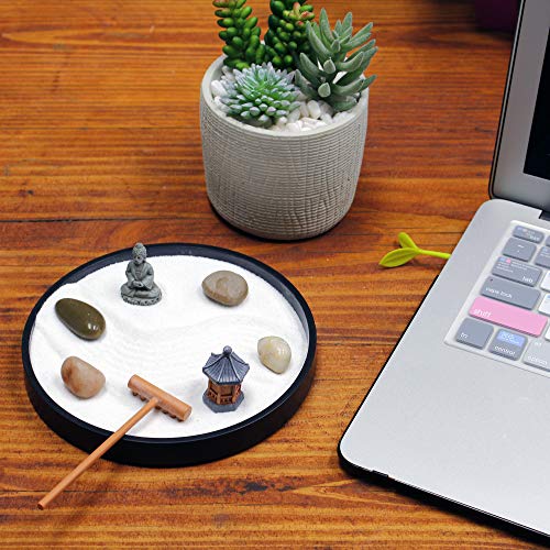 Buy now Nature's Mark Mini Zen Garden Kit for Desk with Rake, White Sand, Black Round Base, Miniature Pagoda Figure, River Rocks and Miniature Buddha Figure (6Lx6W Round B) at indiglob india