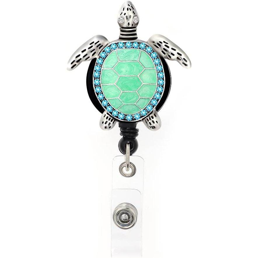 Aquamarine Enamel Sea Turtle Retractable ID Badge Reel,Name Card Holder for Nurse - My Store
