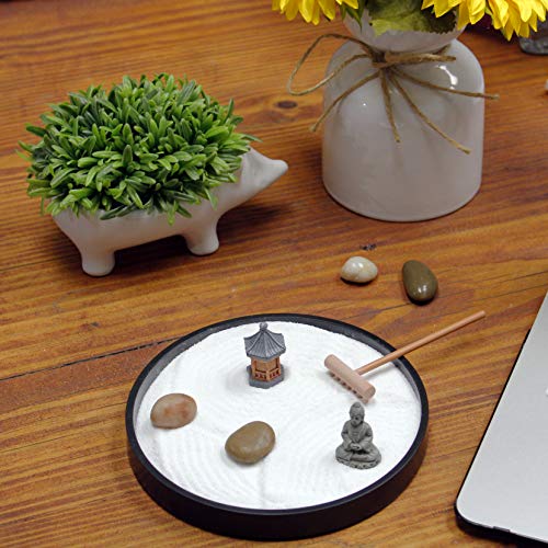 Buy now Nature's Mark Mini Zen Garden Kit for Desk with Rake, White Sand, Black Round Base, Miniature Pagoda Figure, River Rocks and Miniature Buddha Figure (6Lx6W Round B) at indiglob india