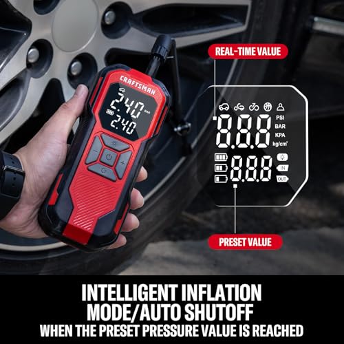 Buy now CRAFTSMAN Tire Inflator Portable Air Compressor, Cordless Mini Air Pump for Car Tires with Digital Tire Pressure Gauge, 6000mAh Battery Powered Air Pump, Max Pressure 150 PSI, 12V DC Corded at indiglob india