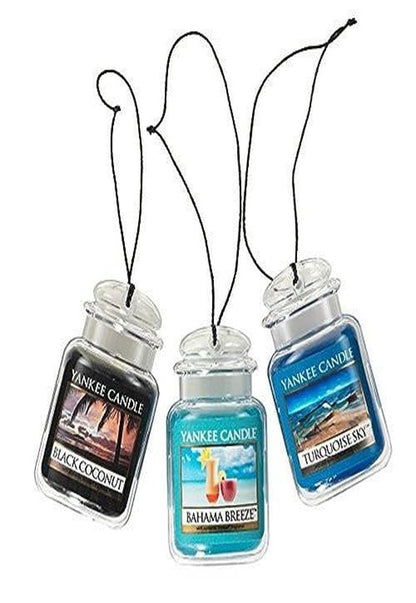 Buy now Yankee Candle Hanging Car Jar Ultimate 3-Pack Air Fresheners Neutralizes Odors Up to 30 Days Includes: Beach Walk Pink Sands and Sun and Sand (Pack of 3) Bahama Breeze, Black Coconut, Turquoise Sky 1 count (Pack of 3) at indiglob india