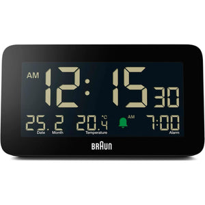 Braun Digital Alarm Clock with Date, Month and Temperature Displayed, Negative LCD Display, Quick Set, Crescendo Beep Alarm in Black, Model BC10B (1-Pack)