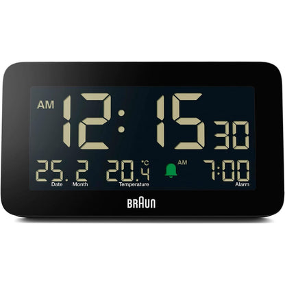 Braun Digital Alarm Clock with Date, Month and Temperature Displayed, Negative LCD Display, Quick Set, Crescendo Beep Alarm in Black, Model BC10B (1-Pack)