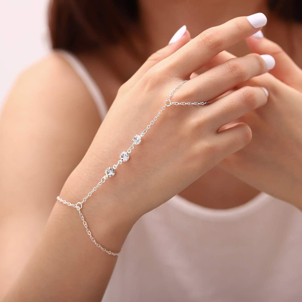 Buy now Crystal Finger Bracelets Ring Hand Chain Beach Slave Bracelet Jewelry for Women(Silver) at indiglob india