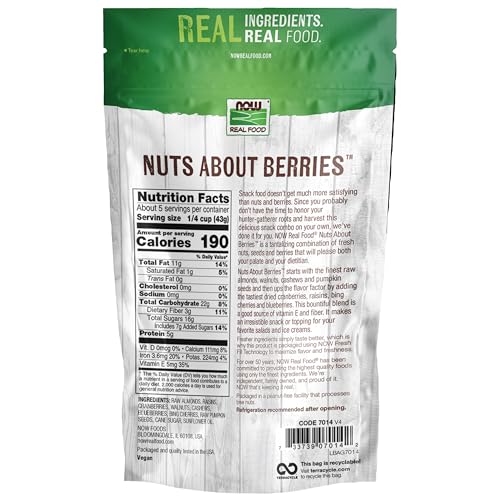 Buy now NOW Foods, Nuts About Berries™, Delicious Blend of Raw Almonds, Raisins, Cranberries, Walnuts, Cashews, Blueberries, Cherries and Pumpkin Seeds, 8-Ounce (Packaging May Vary) at indiglob india