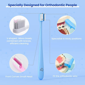Y-Kelin V-Shaped Orthodontic Toothbrush for Braces Brackets 4 Count (Pack of 1) Soft Bristle with Inter Dental Brush