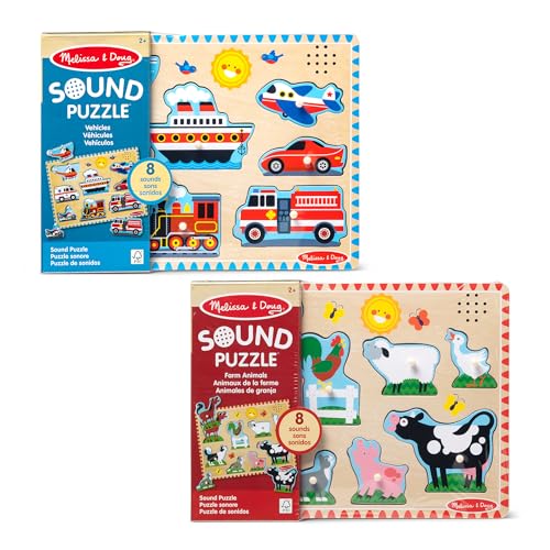 Buy now Melissa & Doug Wooden Light-Activated Sound Puzzle 2-Pack for Toddler and Preschool Boys and Girls ƒ?? Farm Animals, Vehicles at indiglob india