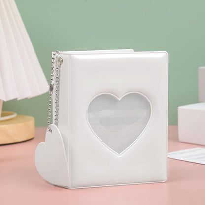 3 Inch Photocard Holder Book Mini Photo Album Mirror-like Photocard Binder Small Photo Card Book Love Heart Hollow Photocard ID Holder with Love Heart Pendant 32 Pockets,White