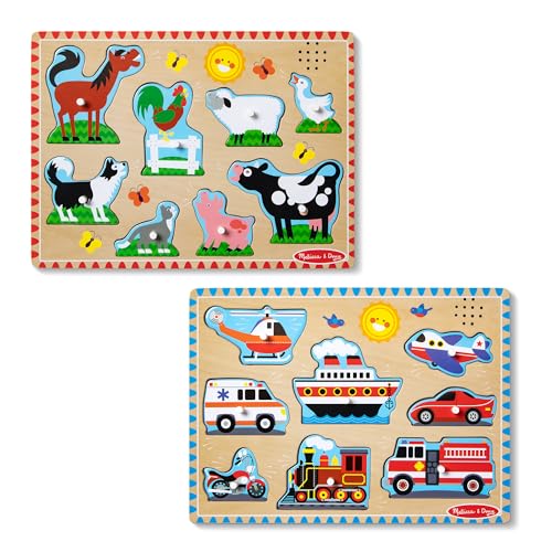 Buy now Melissa & Doug Wooden Light-Activated Sound Puzzle 2-Pack for Toddler and Preschool Boys and Girls ƒ?? Farm Animals, Vehicles at indiglob india