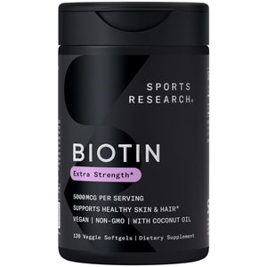 Buy now Sports Research® Biotin 5,000mcg with Organic Coconut Oil - Biotin (Vitamin B7) for Healthy Skin and Hair Support* - for Women and Men - Vegan, Non-GMO, Gluten & Soy-Free - 120 Veggie Softgels at indiglob india