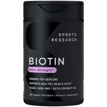 Buy now Sports Research® Biotin 5,000mcg with Organic Coconut Oil - Biotin (Vitamin B7) for Healthy Skin and Hair Support* - for Women and Men - Vegan, Non-GMO, Gluten & Soy-Free - 120 Veggie Softgels at indiglob india