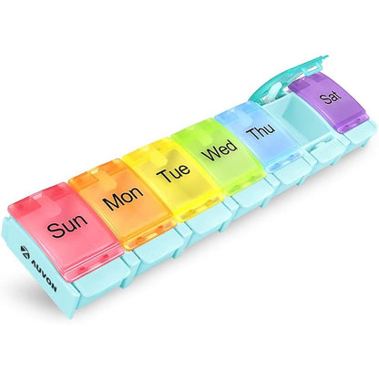 AUVON Weekly Pill Organizer Arthritis Friendly, BPA Free Travel 7 Day Pill Box Case with Spring Open Design and Large Compartment to Hold Vitamins, Cod Liver Oil, Supplements and Medication