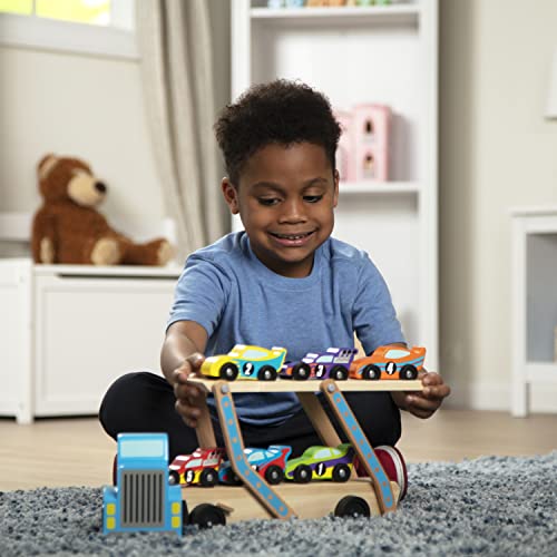 Buy now Melissa & Doug Mega Race-Car Carrier - Wooden Tractor and Trailer with 6 Unique Race Cars at indiglob india