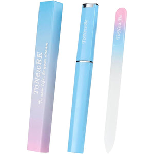 Glass Nail File in Case, Glass Fingernail File, Czech File, Double-Sided Etched Nail File for Nail Art & Nail Care, Christmas Gifts Stocking Stuffers (Pink-Blue)