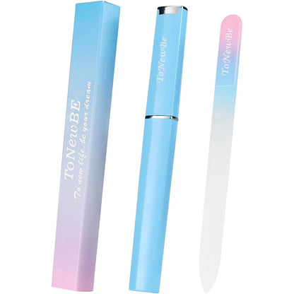 Glass Nail File in Case, Glass Fingernail File, Czech File, Double-Sided Etched Nail File for Nail Art & Nail Care, Christmas Gifts Stocking Stuffers (Pink-Blue)