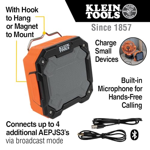 Buy now KLEIN TOOLS AEPJS3 Bluetooth Jobsite Speaker with Magnet and Hook, 20-Hr Run Time, Charge Via USB A or C, Pair Multiple Speakers Via Broadcast, Hands Free Capable at indiglob india