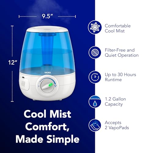 Buy now Vicks Filter-Free Ultrasonic Humidifier, Recommended by Pediatricians*, 1.2 Gal Ultrasonic Cool Mist Humidifiers for Bedrooms & Kids Rooms, Works with Vicks VapoPads at indiglob india