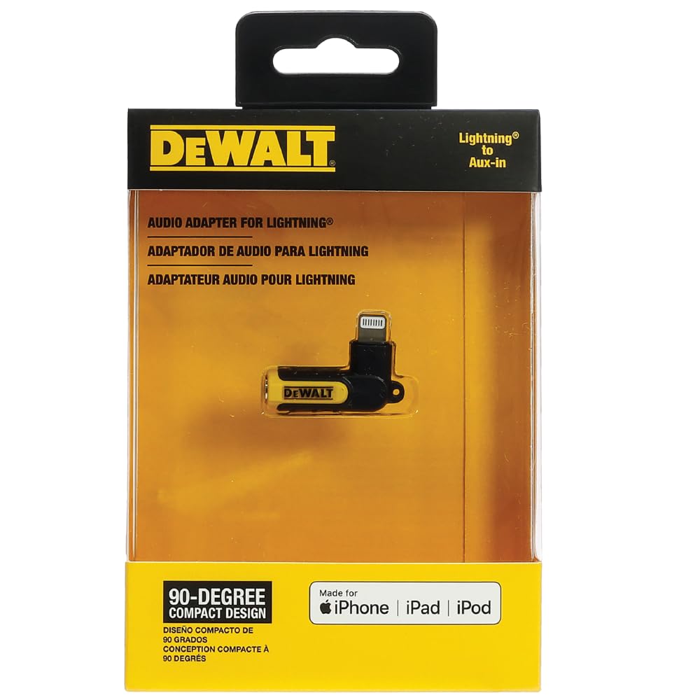 Buy now DEWALT Heavy Duty 3.5mm to Lightning Adapter, 90Degree L Connector Female to 3.5mm Male Headphone Jack Adapter for iPhone, Compatible Lightning to 3.5 mm Headphone Jack Adapters, Adapts Legacy Devices at indiglob india