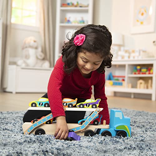 Buy now Melissa & Doug Mega Race-Car Carrier - Wooden Tractor and Trailer with 6 Unique Race Cars at indiglob india