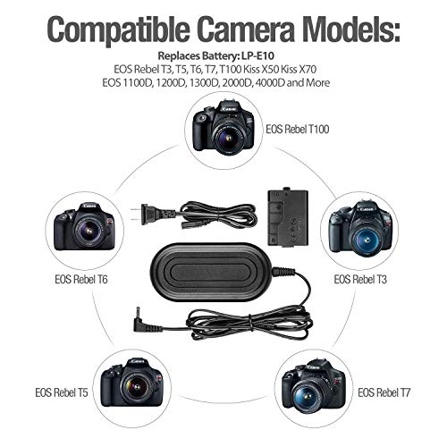Buy now ENEGON ACK-E10 Dummy Battery and AC Adapter Kit, Replacement for LP-E10, Compatible with Canon EOS Rebel T7 T6 T5 T3, Kiss X50 X70 X80 X90, and EOS 1100D 1200D 1300D 1500D 2000D Cameras at indiglob india